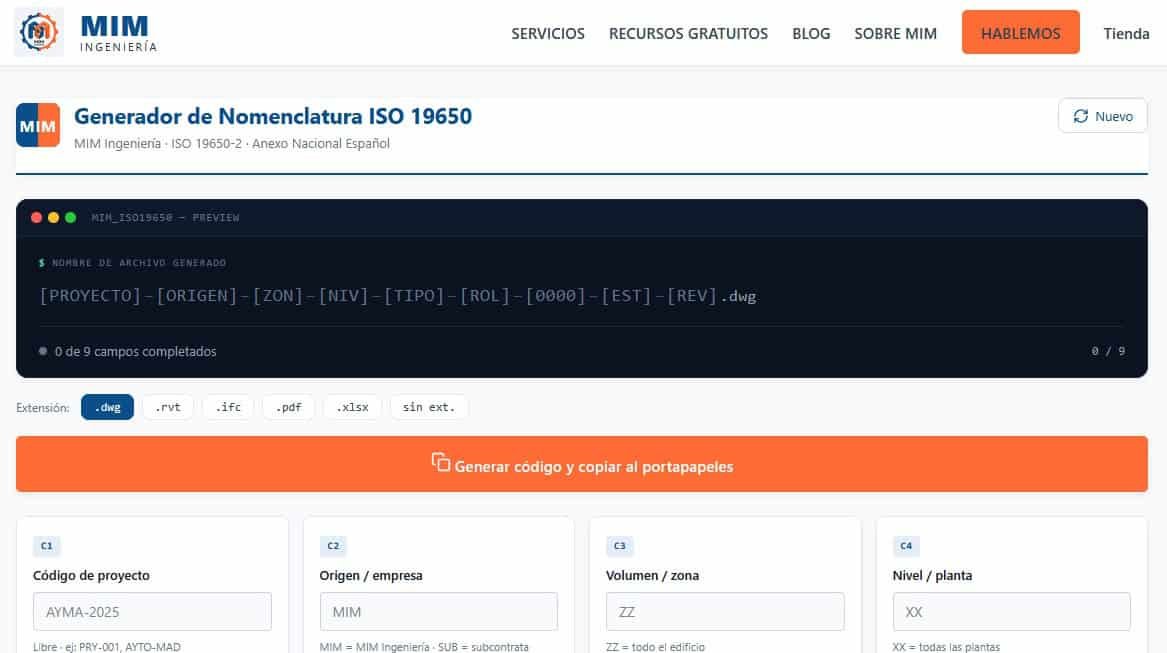 Generador de Nomenclatura ISO 19650-2 de MIM Ingeniería — interfaz con los 9 campos obligatorios conforme a la Orden PCM/818/2023